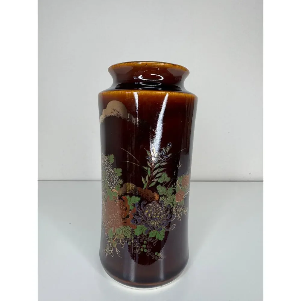 Vintage Japanese Brown Floral Chrysanthemum Ceramic Vase Hand Painted